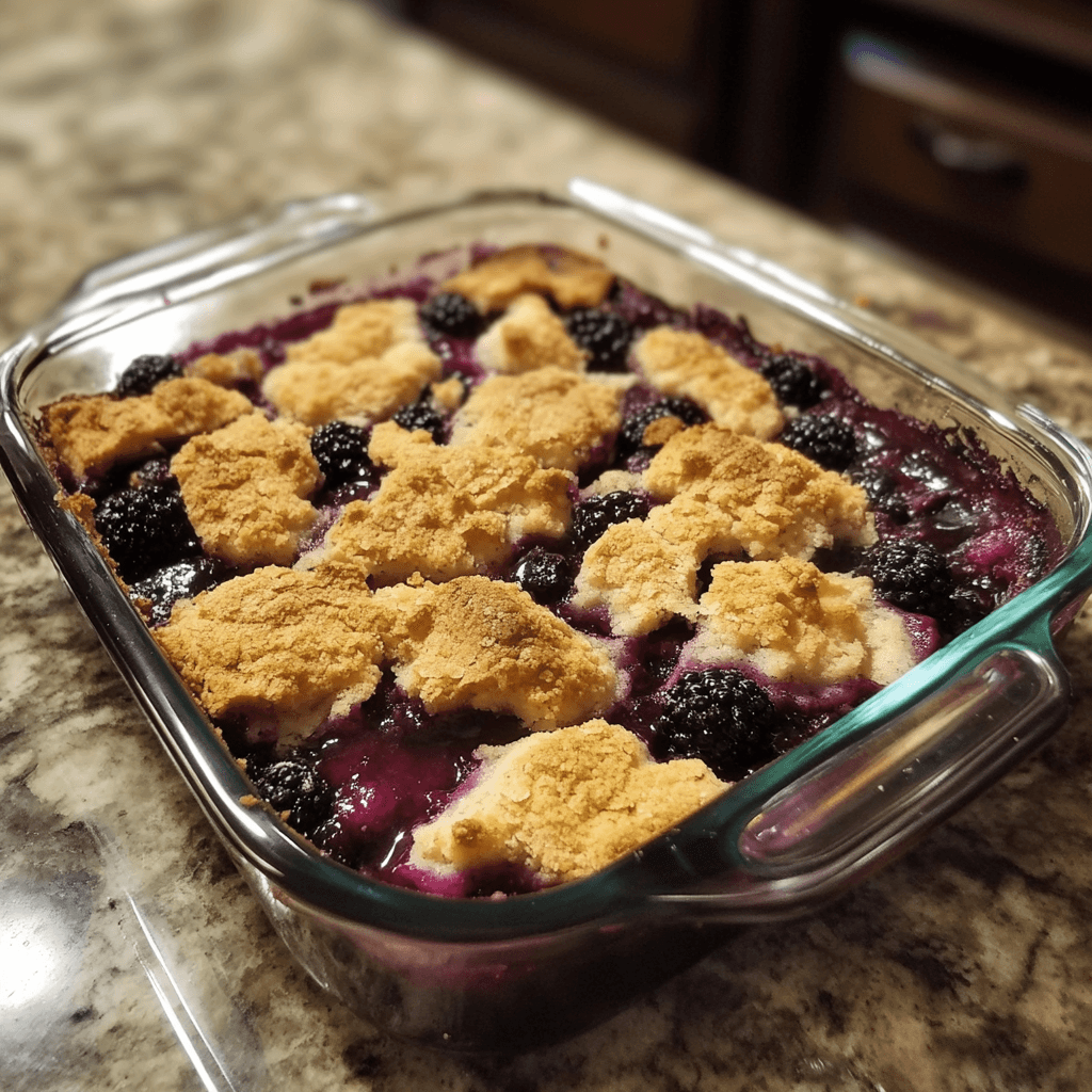 Baking time and temperature A sweet blackberry cobbler made with cake mix, topped with a golden crust and fresh blackberries.