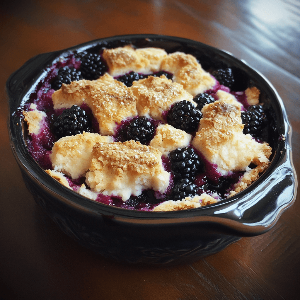 A warm blackberry cobbler made with cake mix, topped with a golden, crumbly crust and fresh blackberries.