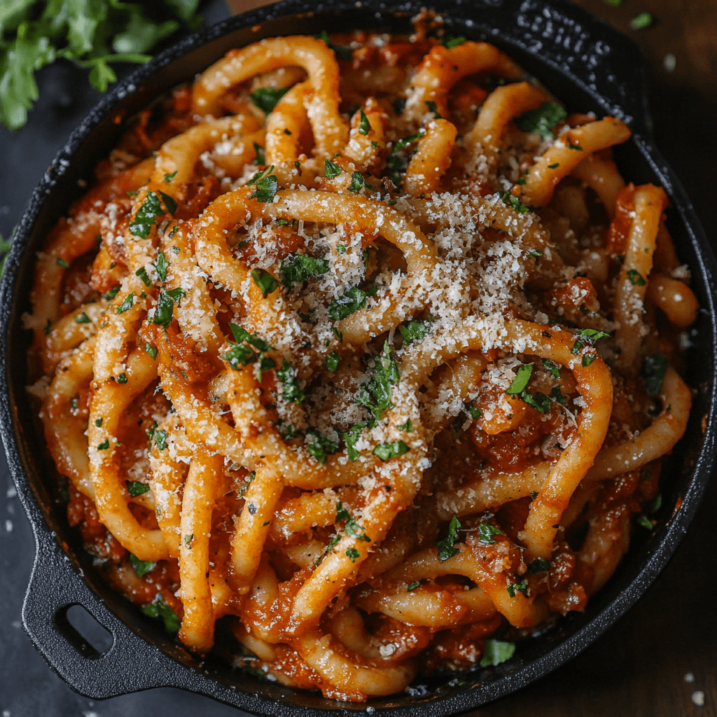 Casareccia pasta A plate of freshly cooked casareccia pasta topped with a savory tomato sauce and fresh basil.