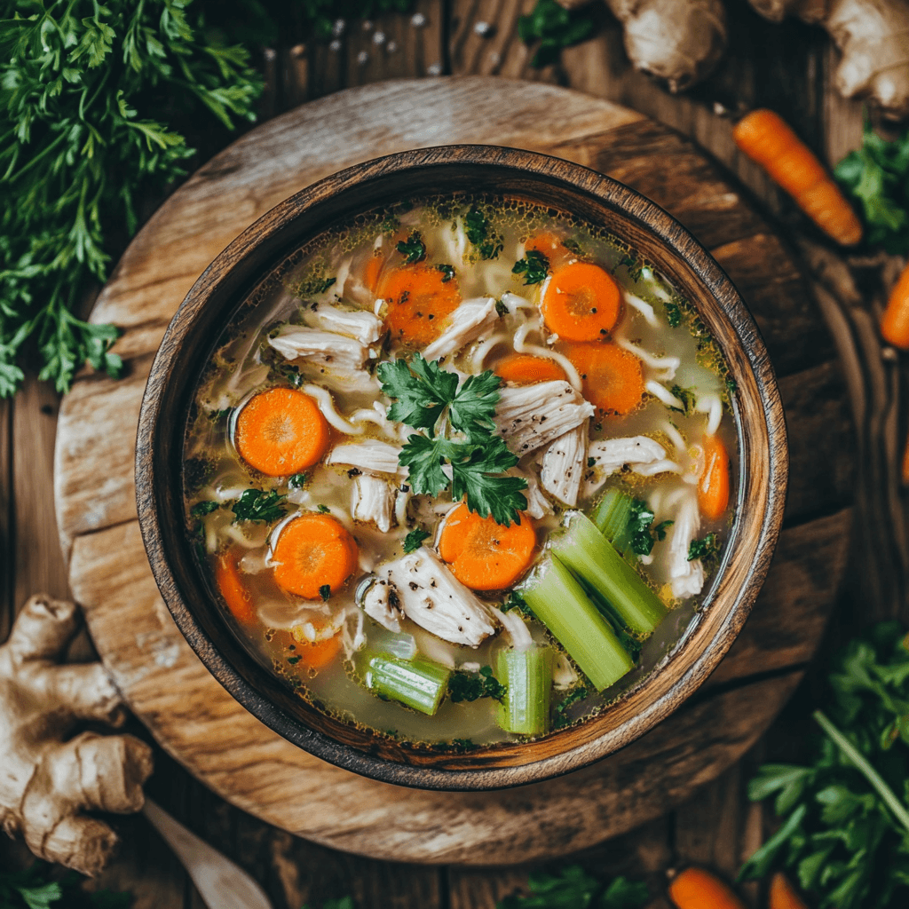 Ginger benefits A bowl of ginger chicken noodle soup with carrots, celery, and fresh herbs.
