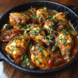 Juicy chicken thighs simmered in rich red chile sauce, garnished with fresh cilantro.