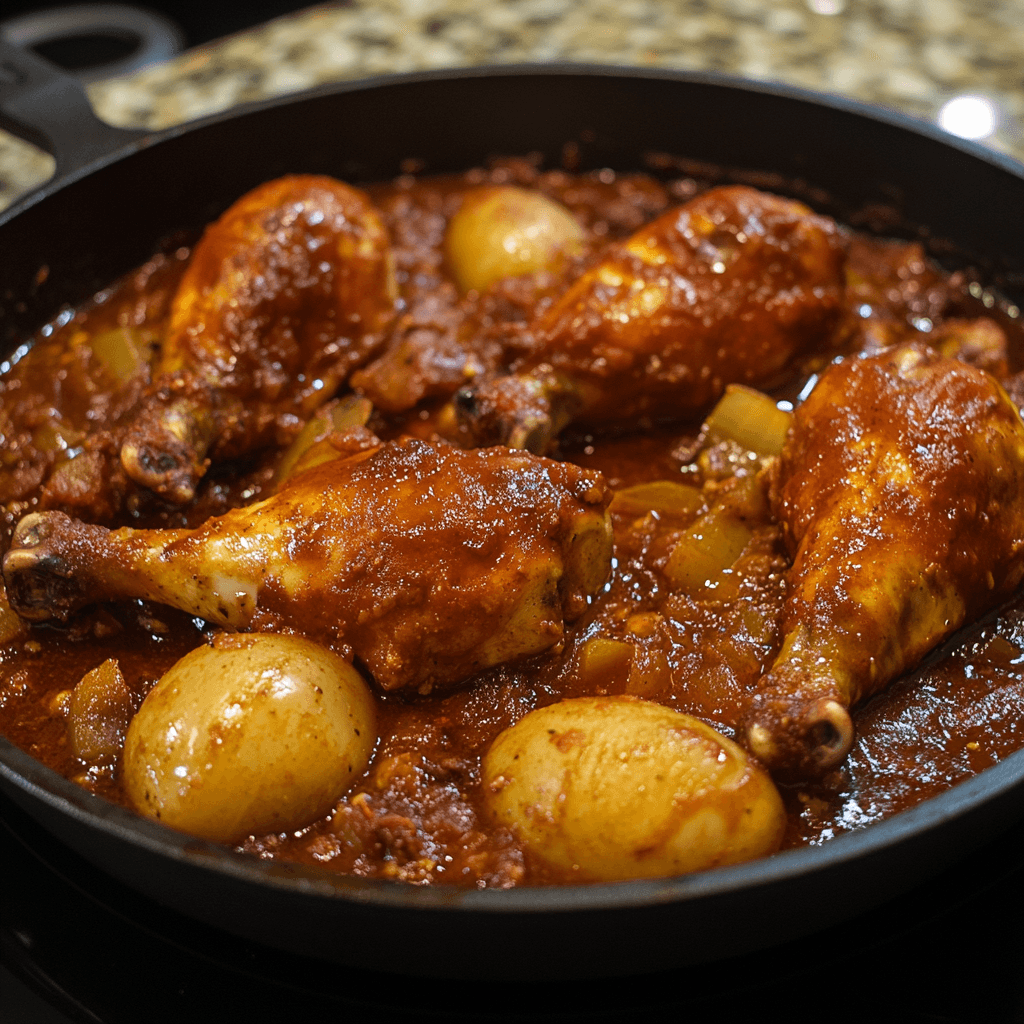 red chile sauce ingredients Chicken thighs cooked in rich red chile sauce, garnished with fresh cilantro.