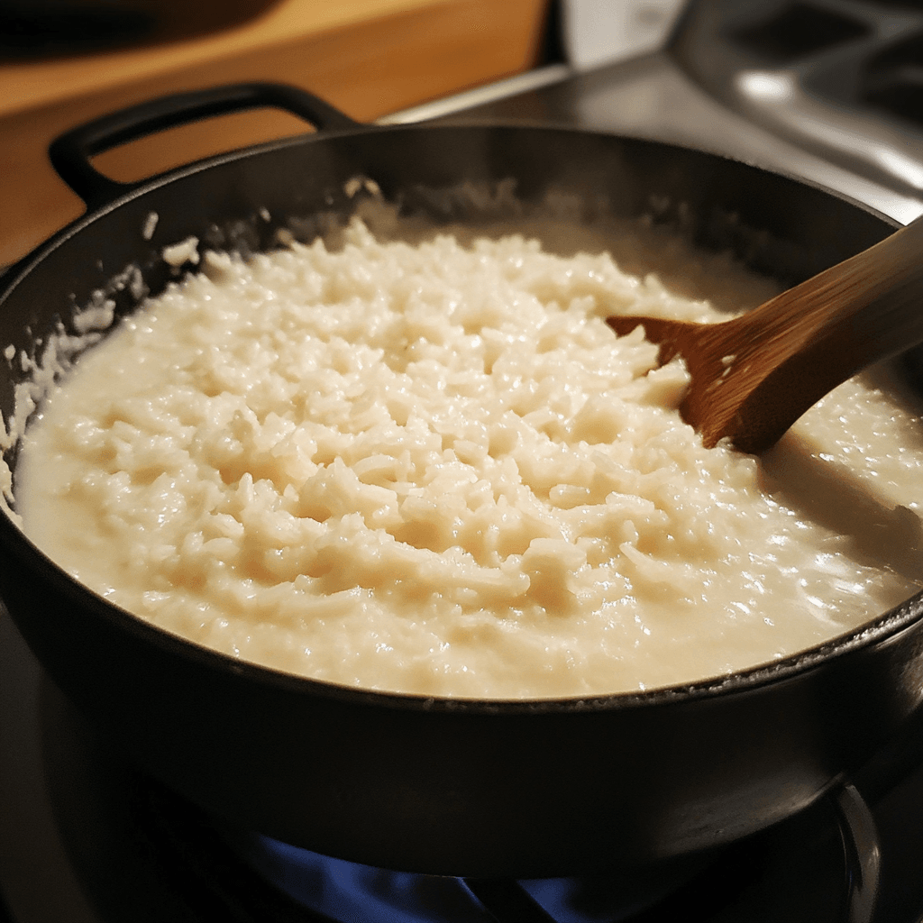 cream of rice ingredients and kitchen tools Creamy rice porridge served with milk and a sprinkle of cinnamon.