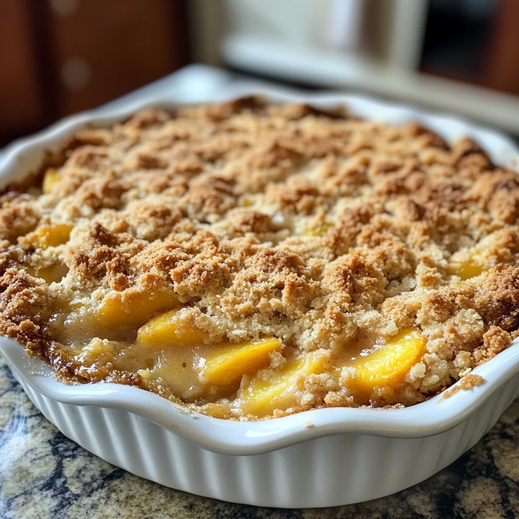 peach crumble toppings A warm peach crumble with a golden, crispy topping served with vanilla ice cream on the side.