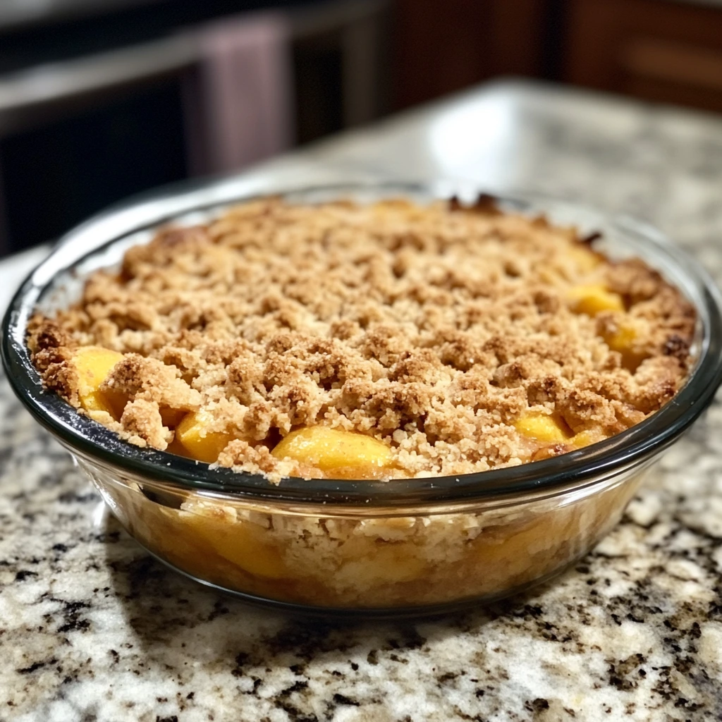 peach crumble nutrition A freshly baked peach crumble with golden streusel topping, paired with a scoop of vanilla ice cream.