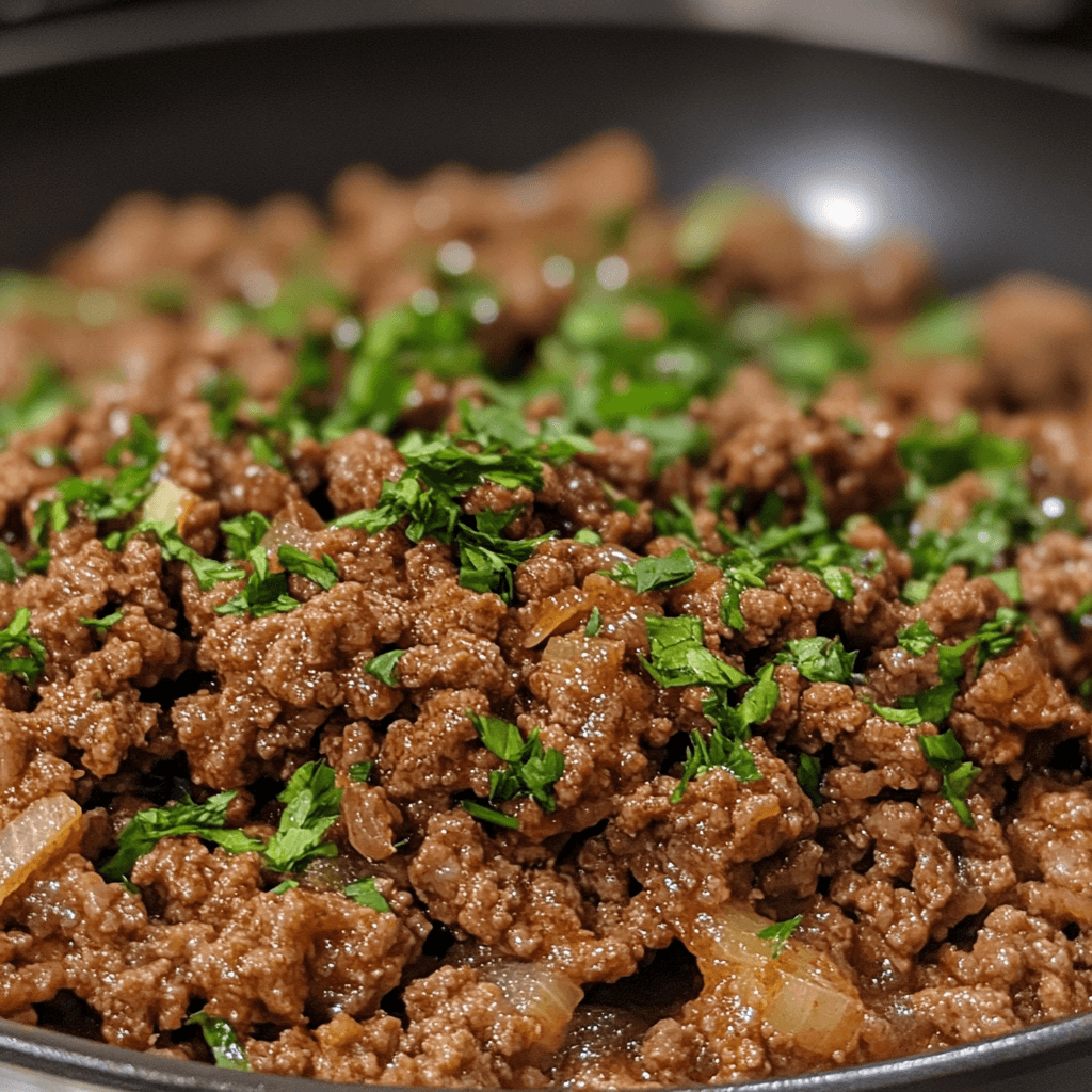 Cooking Wagyu Beef Ground Wagyu beef cooking in a skillet, ideal for various delicious recipe ideas.