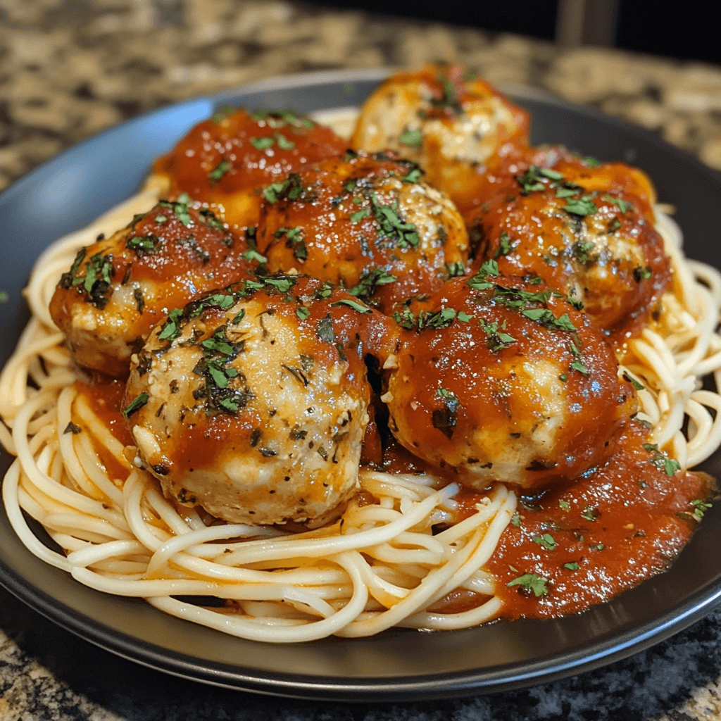 A plate of homemade chicken meatballs, cooked in a flavorful sauce, ready to serve, inspired by a Costco recipe.