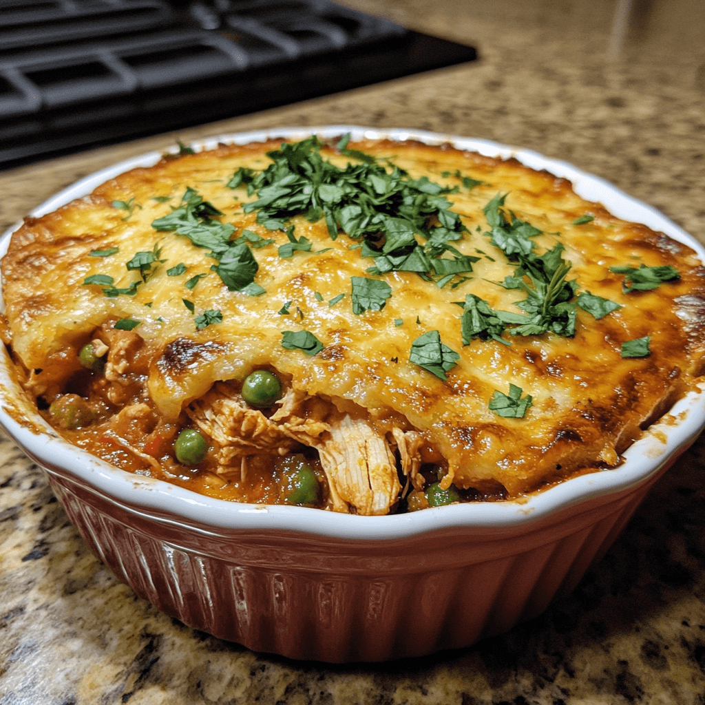 A hearty chicken tamale pie with a golden cornbread topping and a flavorful filling of shredded chicken and spices.
