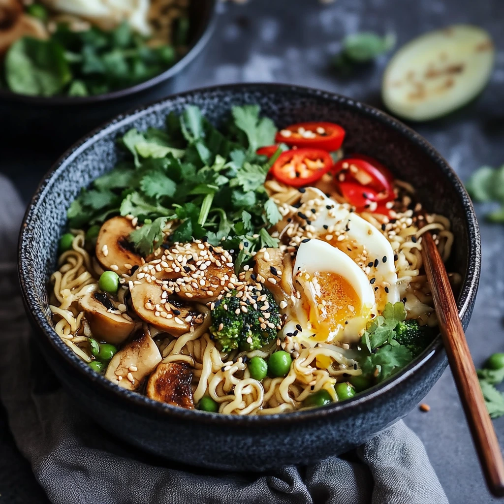 quick ramen recipes A bowl of healthy ramen with fresh vegetables, lean protein, and a light, flavorful broth.