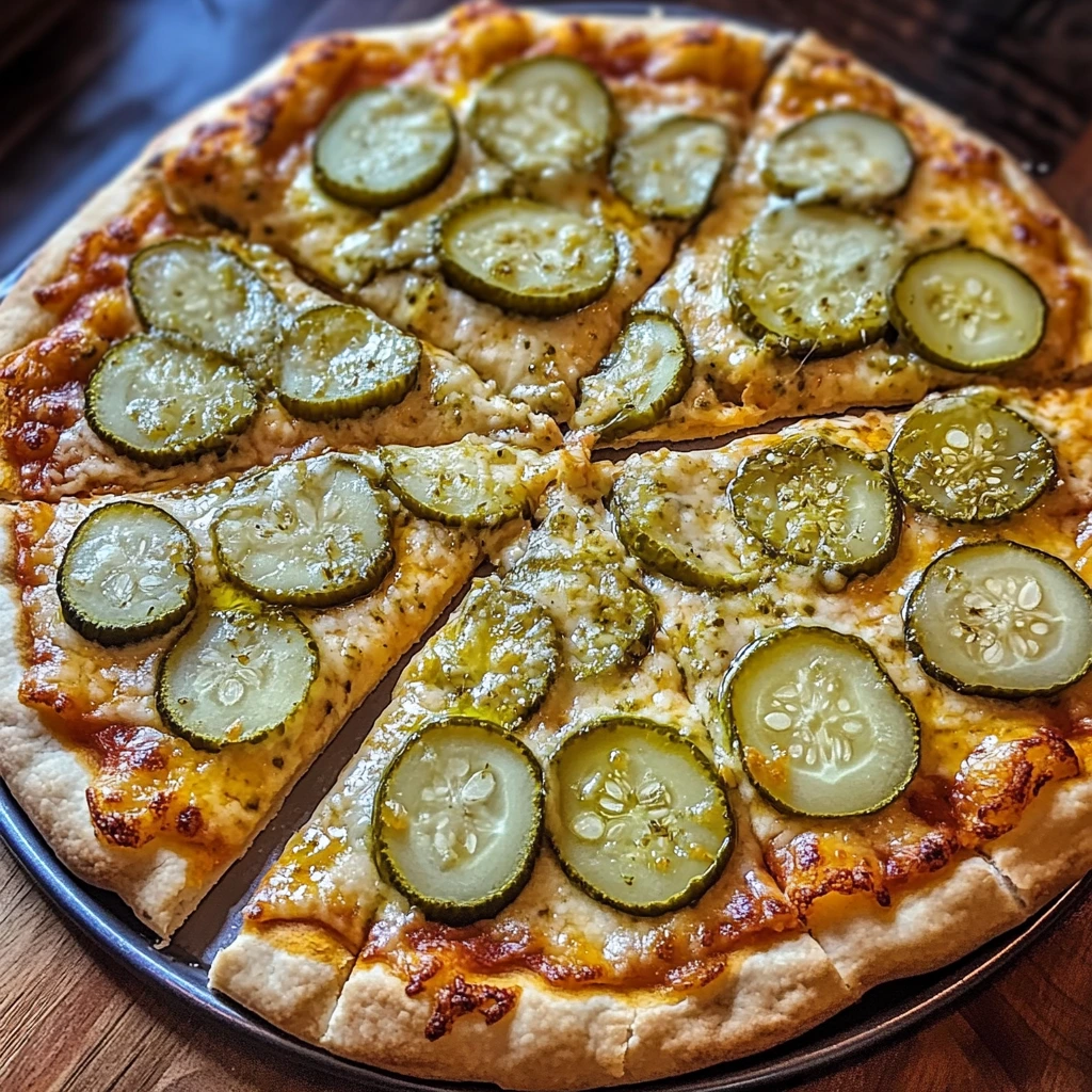 A savory pickle pie pizza topped with pickles, melted cheese, and herbs on a crispy crust.