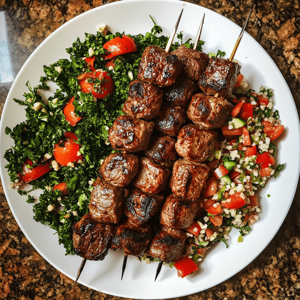 lamb-kabob-ingredients Lamb kabobs served with a fresh tabouli salad, garnished with parsley and lemon.