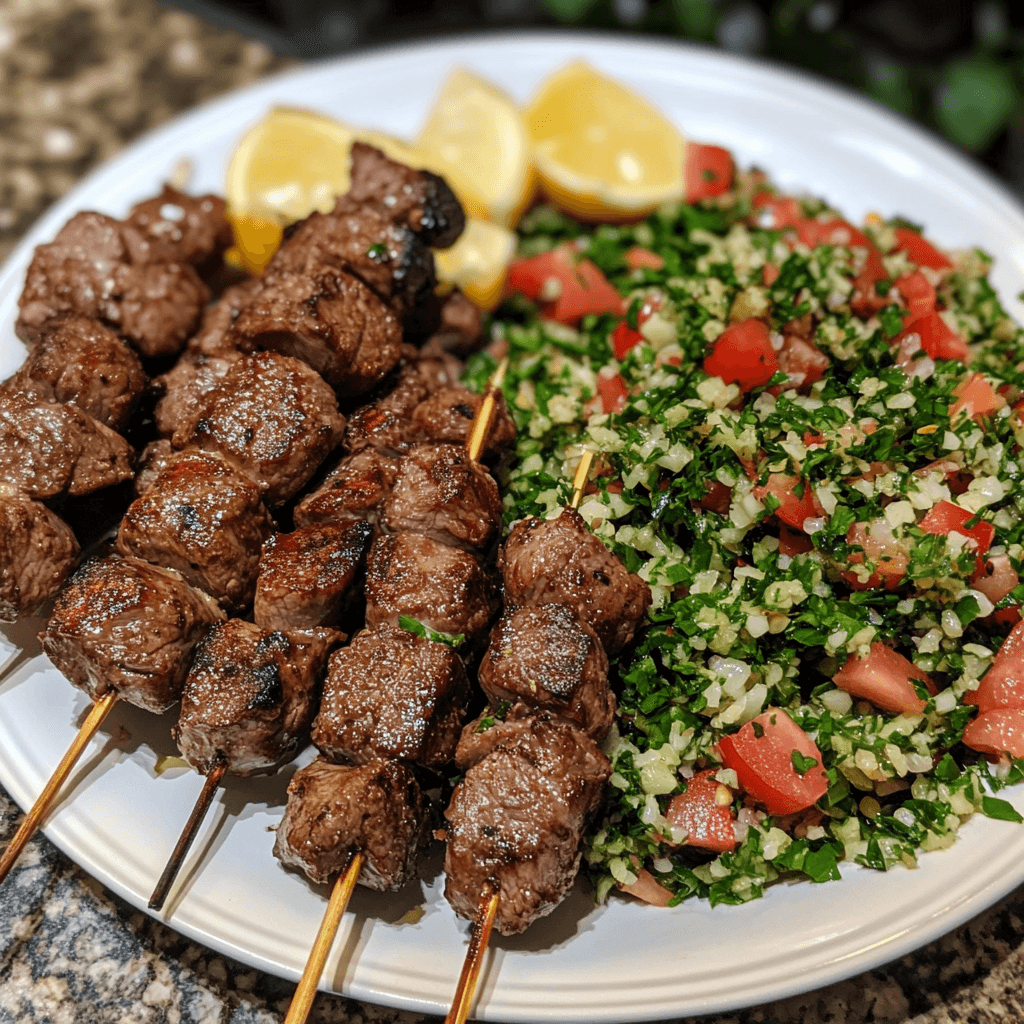mediterranean cuisine Grilled lamb kabobs served with fresh tabouli salad, topped with parsley and lemon.