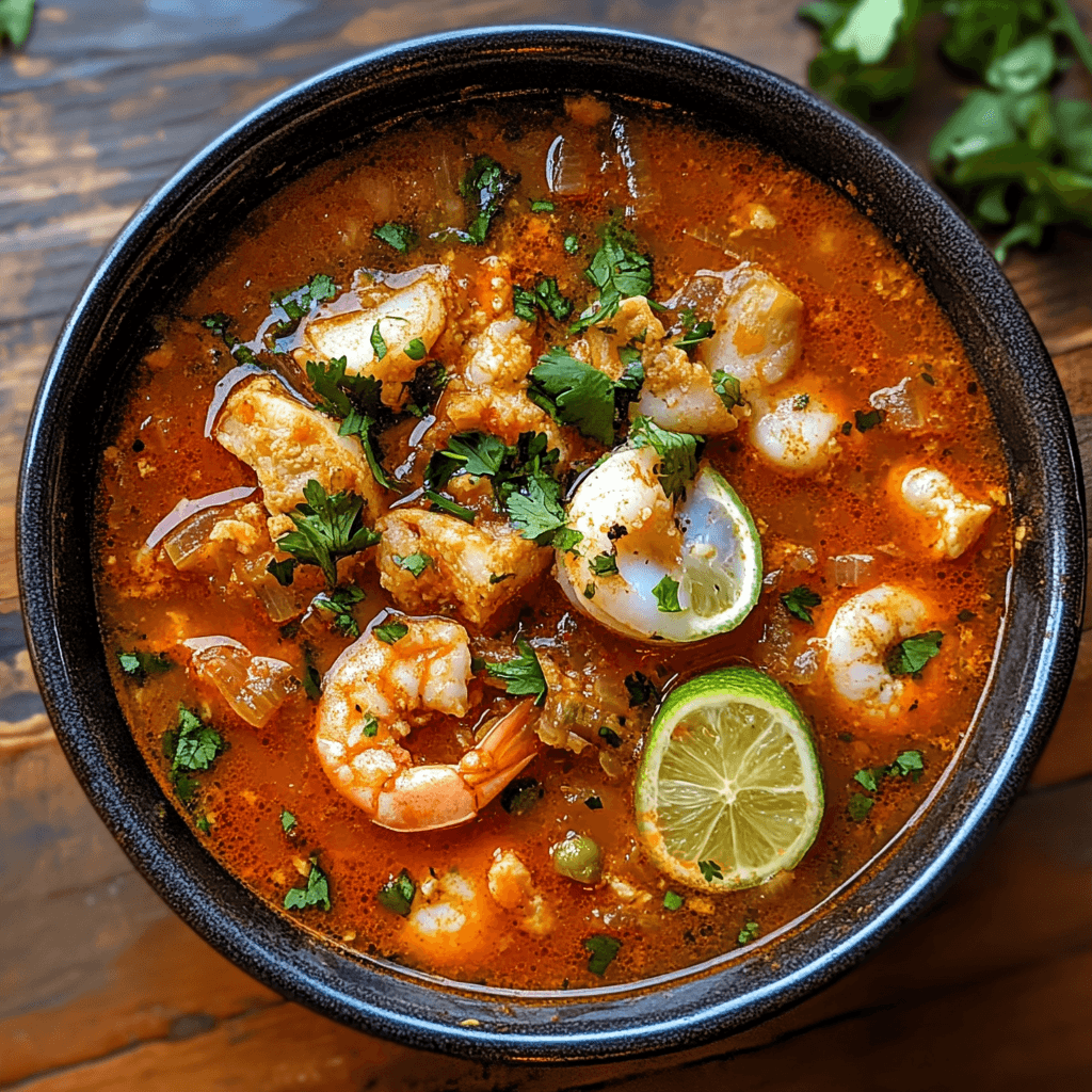 Seafood Ingredients A steaming bowl of Sopa de Mariscos, featuring fresh seafood, vegetables, and a rich, flavorful broth.