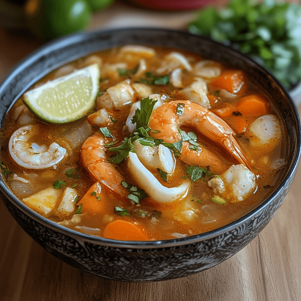 sopa de marisco A bowl of Sopa de Mariscos, a traditional seafood soup with a variety of fresh shellfish, vegetables, and spices.