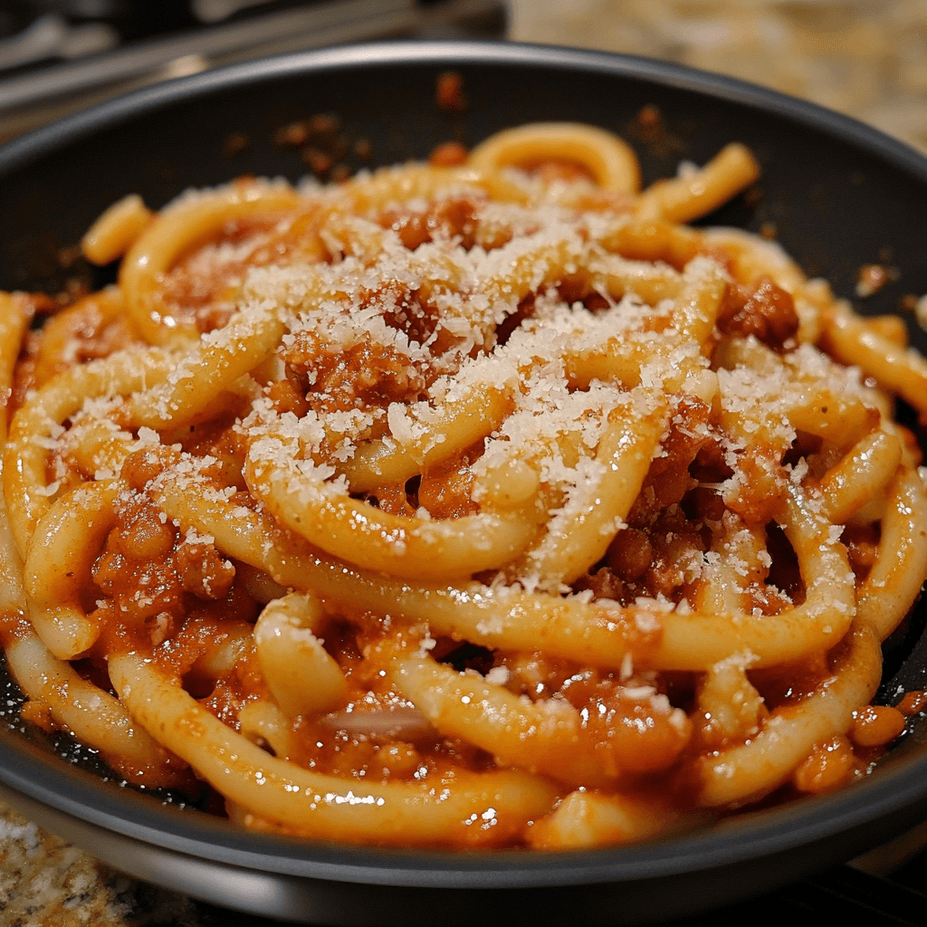 Plate of casareccia pasta served with a rich tomato sauce and fresh basil.