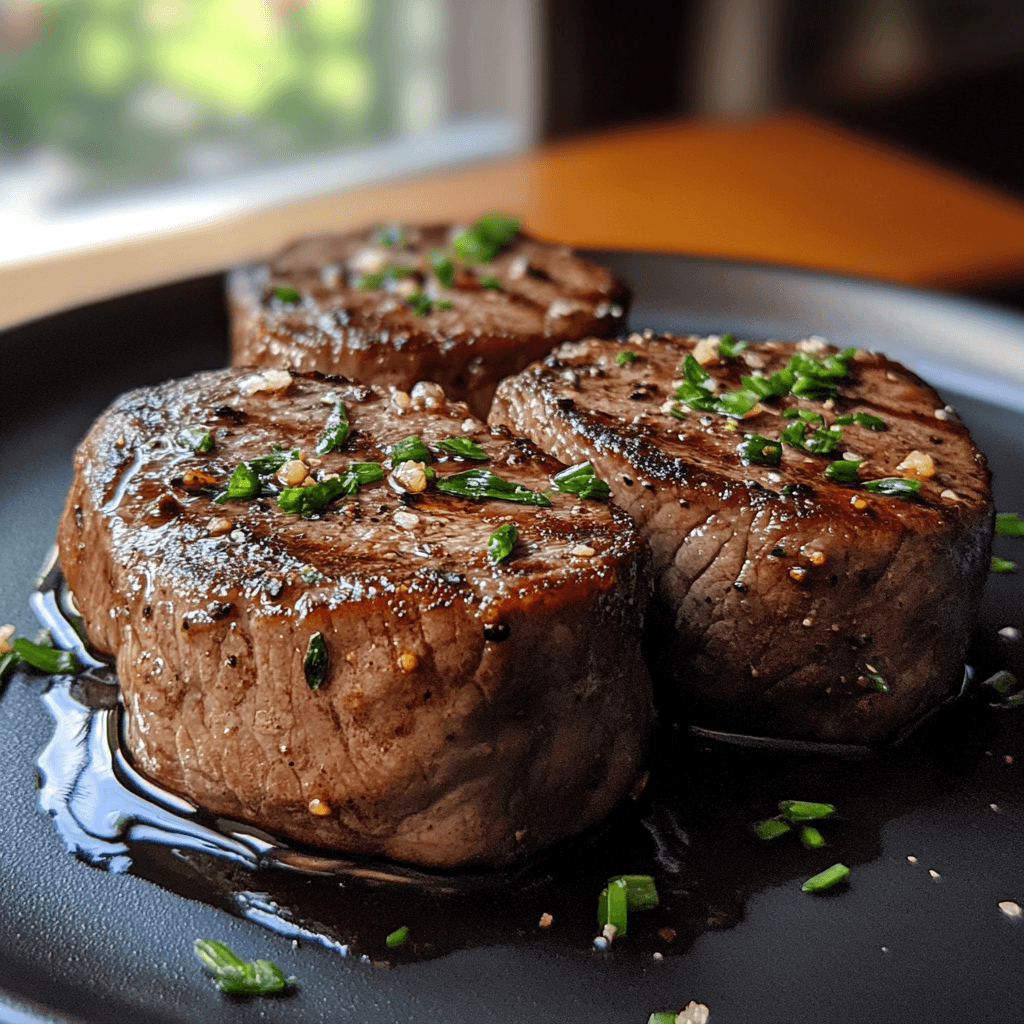 Steak Medallion Tender steak medallions cooked to perfection, served with fresh herbs and vegetables.