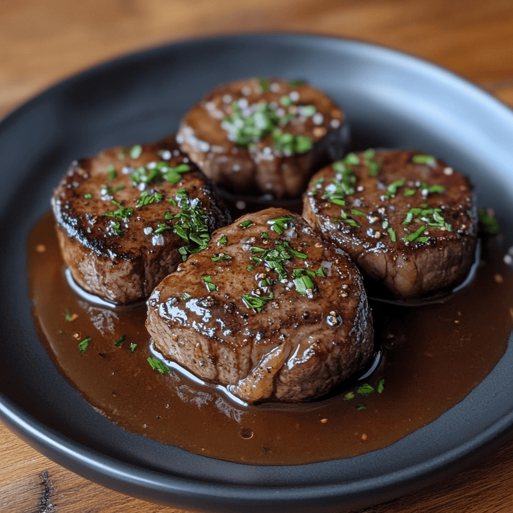 Beef Medallion Steak Succulent steak medallions cooked to perfection, served with fresh herbs and vegetables.