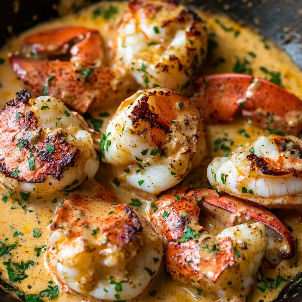 Close-up of grilled langostinos and lobster tails on a plate, showcasing their texture and flavor comparison.