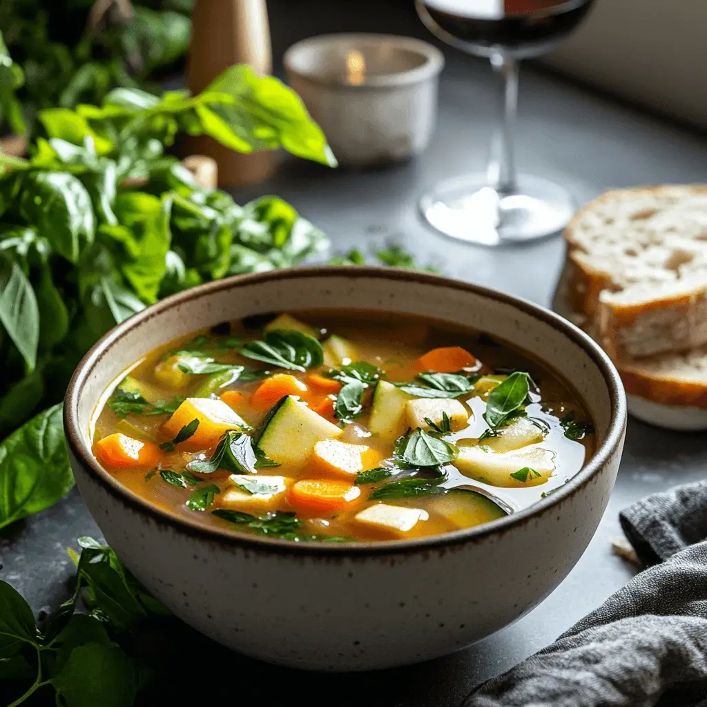 A bowl of steaming Menestron soup filled with fresh vegetables, herbs, and grains, served with crusty bread.