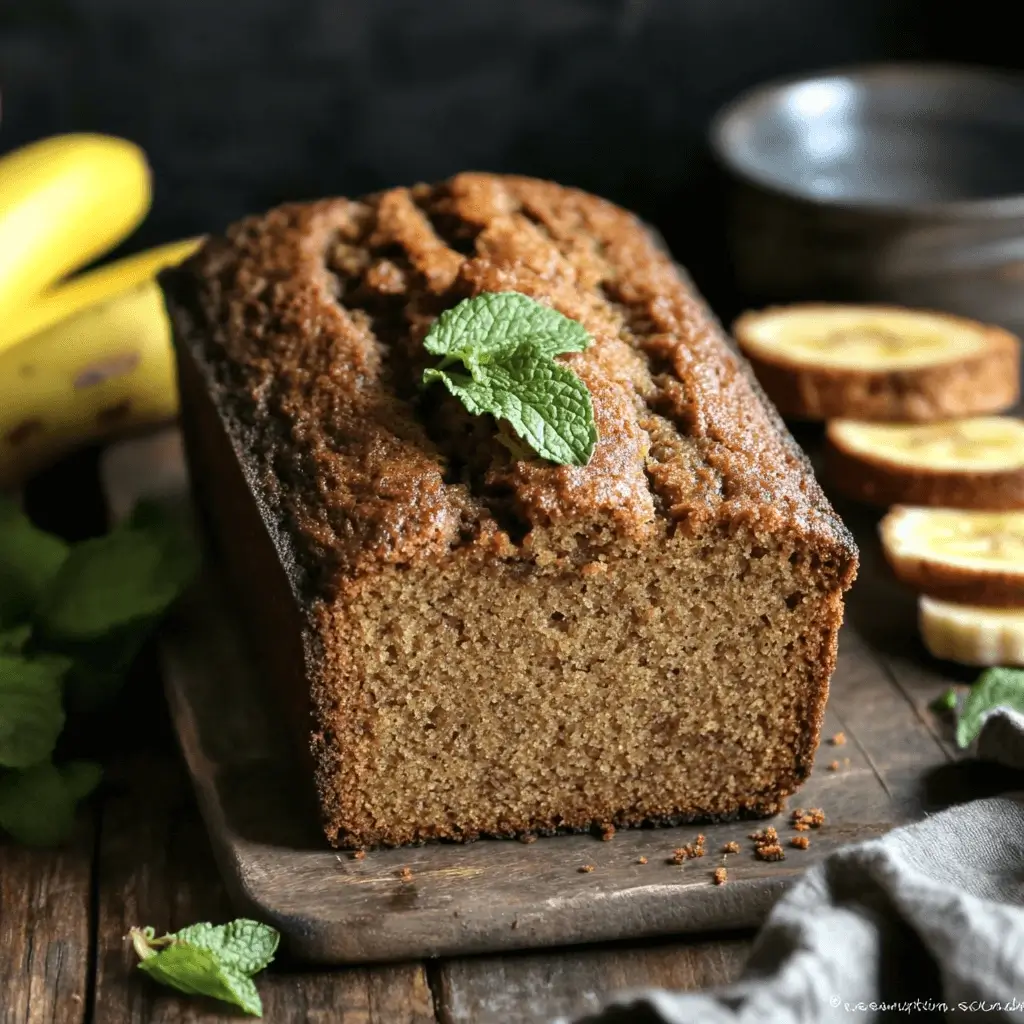 A loaf of banana bread made without butter, sliced and placed on a wooden cutting board, with ripe bananas nearby.