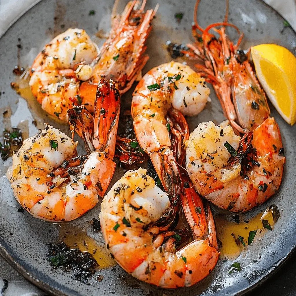 Juicy grilled shrimp with chopped herbs and a lemon wedge on a grey plate