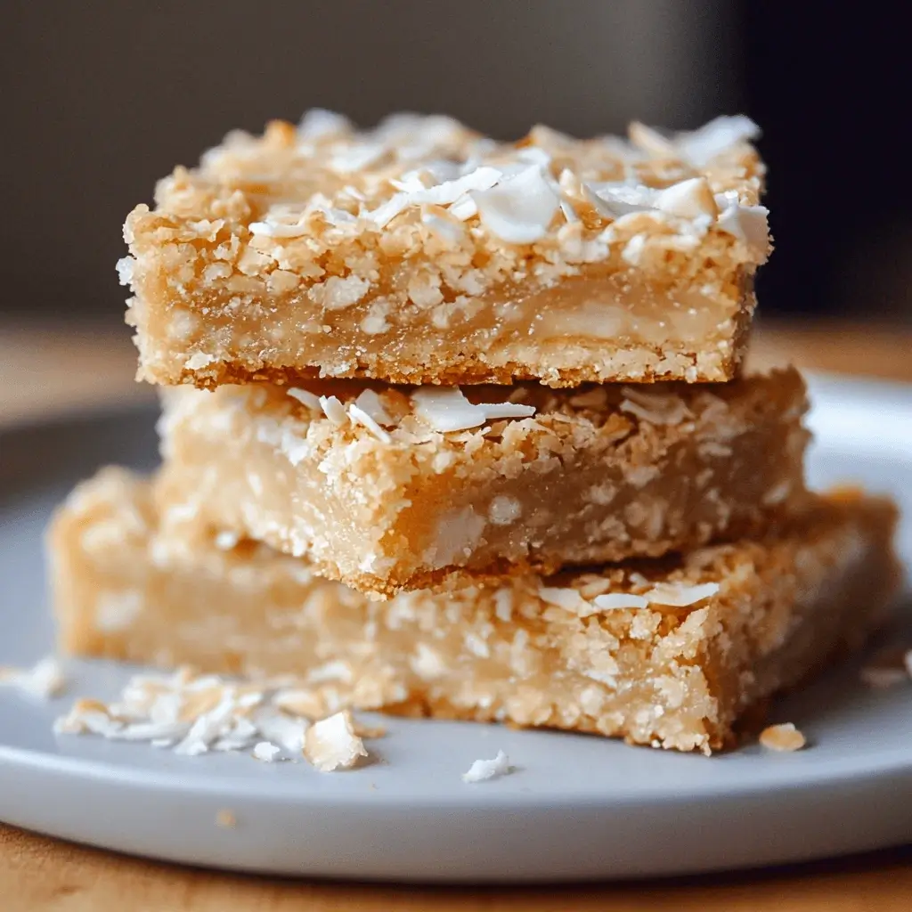 A stack of chewy coconut bars with a golden, toasted top and a soft, moist center, garnished with coconut flakes.