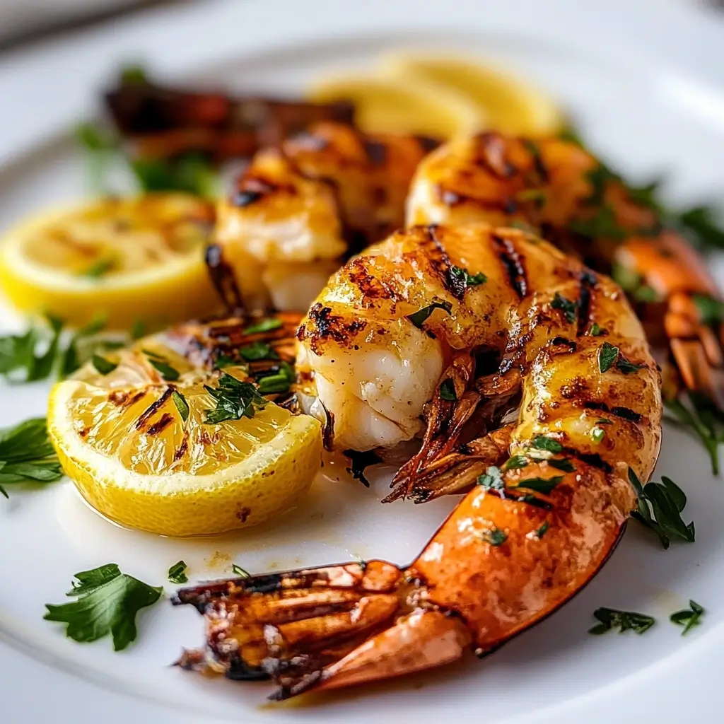 Close-up of langostinos on a plate next to a lobster tail, comparing their appearance and texture.