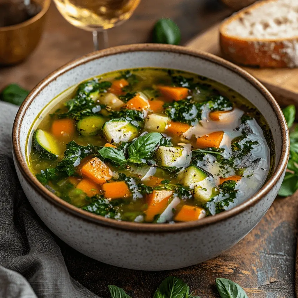 A steaming bowl of Menestron soup, filled with fresh vegetables, grains, and herbs, served with crusty bread.