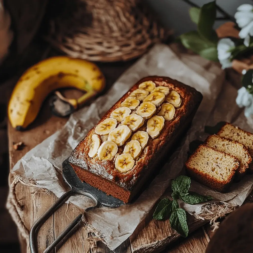 Sliced banana bread without butter, served on a wooden cutting board with ripe bananas in the background.