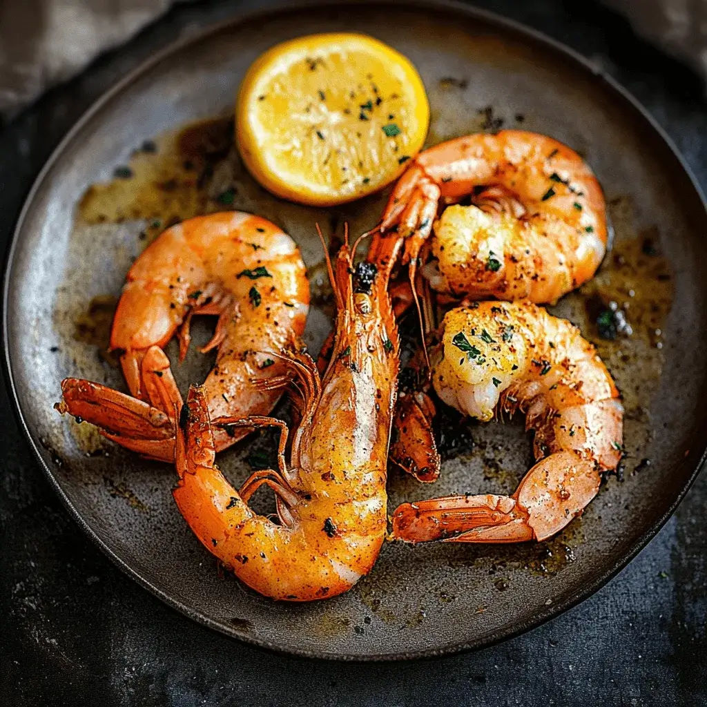 Grilled shrimp with lemon garnish served on a dark plate.