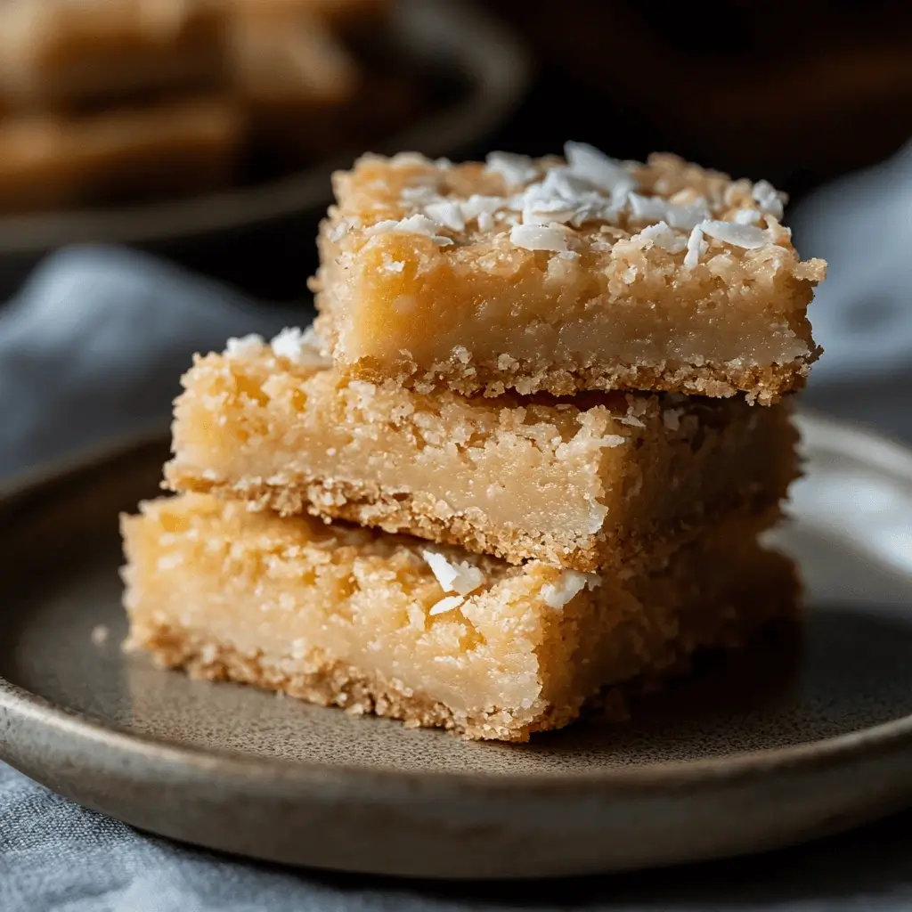 A batch of chewy coconut bars with a golden, caramelized top and a soft, moist center, garnished with shredded coconut.