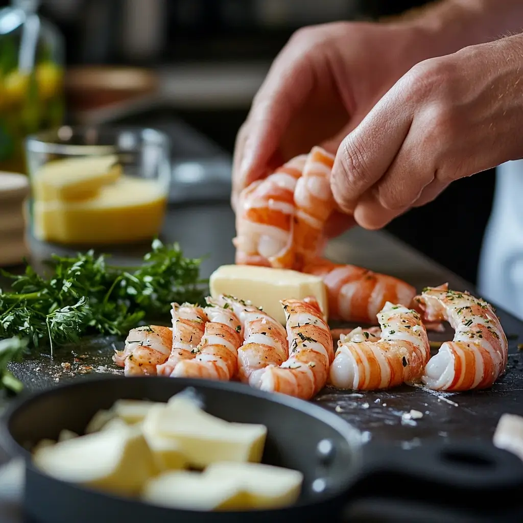A chef preparing langostino tails in a kitchen, with ingredients like garlic, butter, and herbs on the counter.