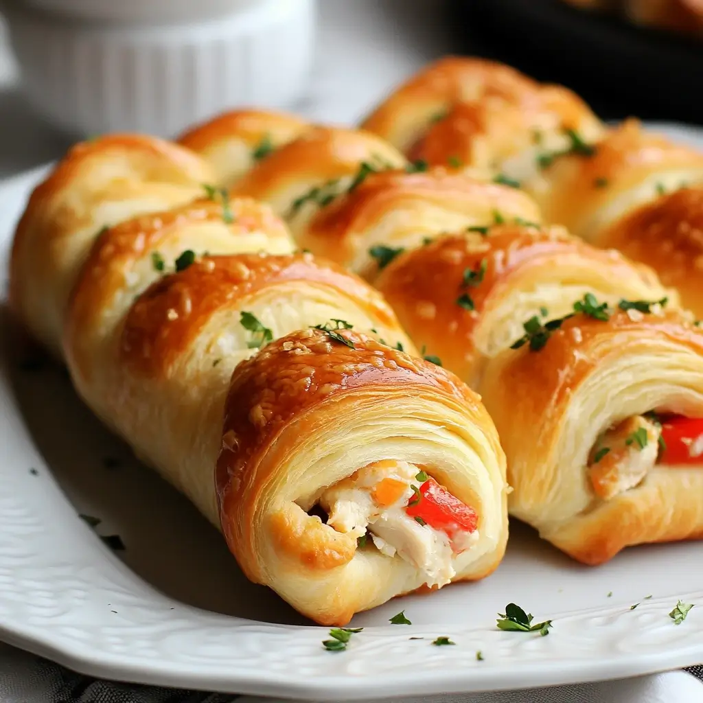 Golden Chicken Crescent Roll Ups filled with tender chicken and melted cheese, wrapped in flaky crescent dough