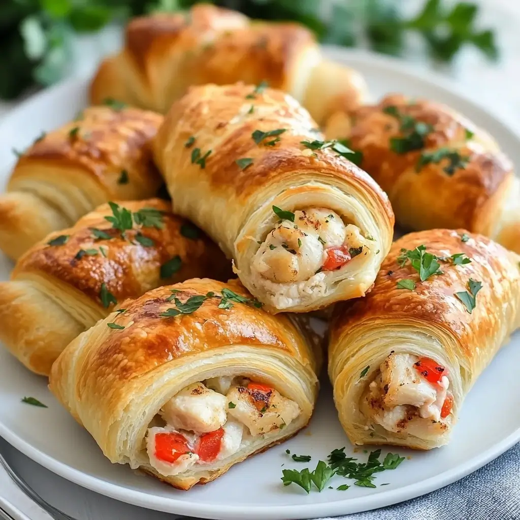 Chicken Crescent Roll Ups with melted cheese and golden, flaky dough, filled with tender chicken.