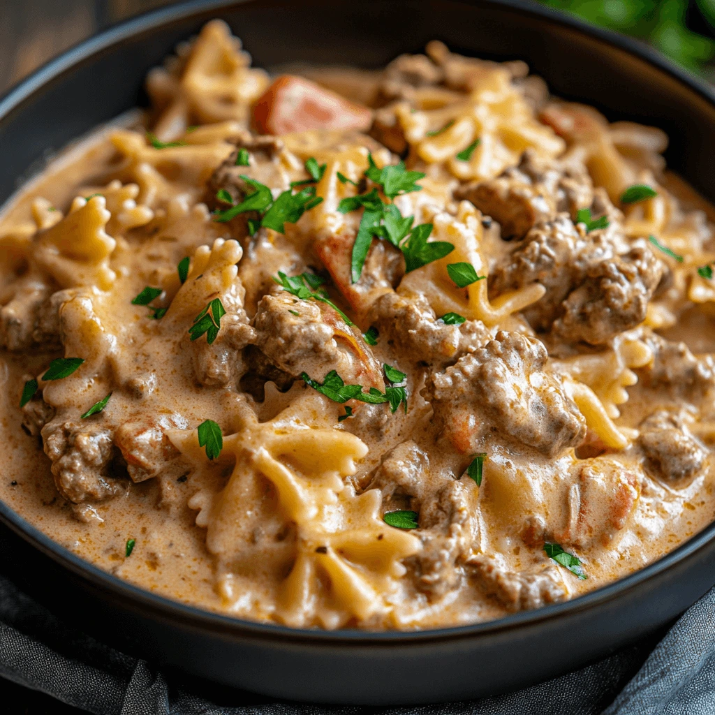 A comforting bowl of Creamy Beef and Bowtie Pasta topped with Parmesan cheese and garnished with fresh spinach and roasted cherry tomatoes.