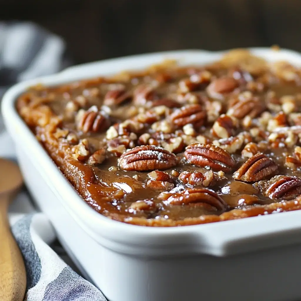 Warm Pecan Pie Dump Cake with a golden, crispy topping, gooey pecan filling, and a scoop of creamy vanilla ice cream on the side