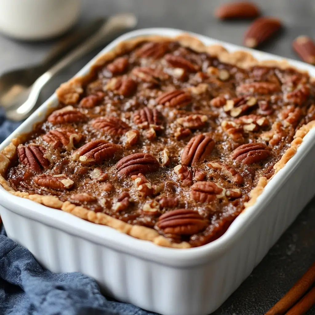 Close-up of a golden Pecan Pie Dump Cake with gooey pecan filling, buttery cake topping, and a scoop of vanilla ice cream melting on the side