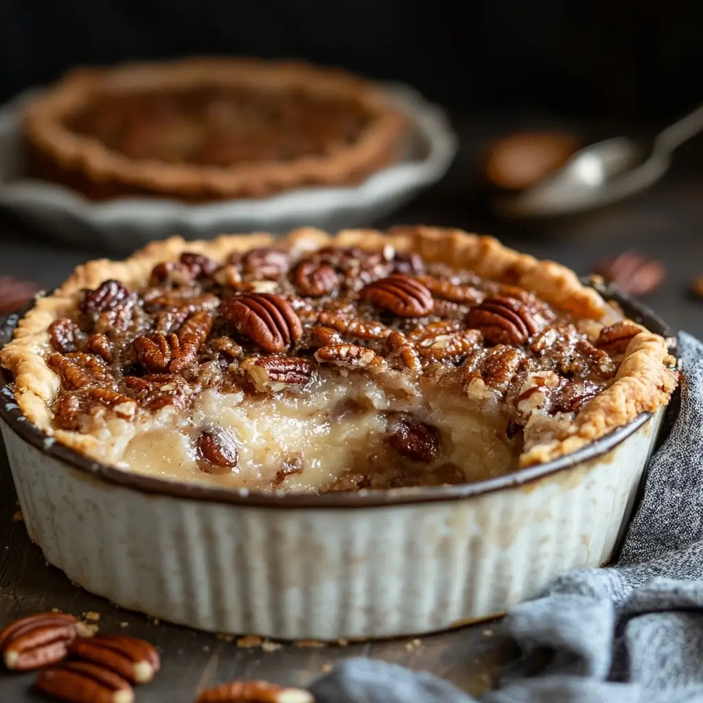 Golden Pecan Pie Dump Cake with a crispy cake topping, gooey pecan filling, and a scoop of vanilla ice cream melting on the side