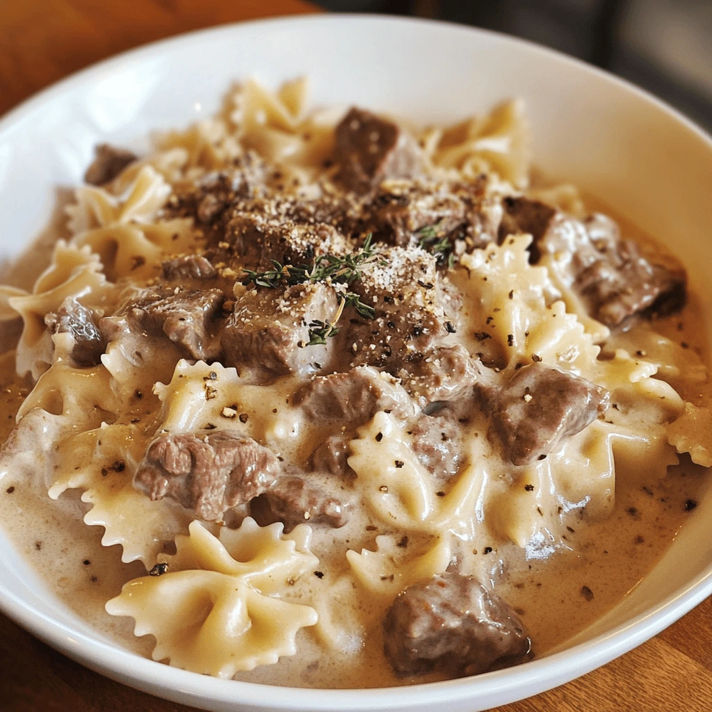 A plate of Creamy Beef and Bowtie Pasta garnished with Parmesan cheese, fresh spinach, and roasted cherry tomatoes.