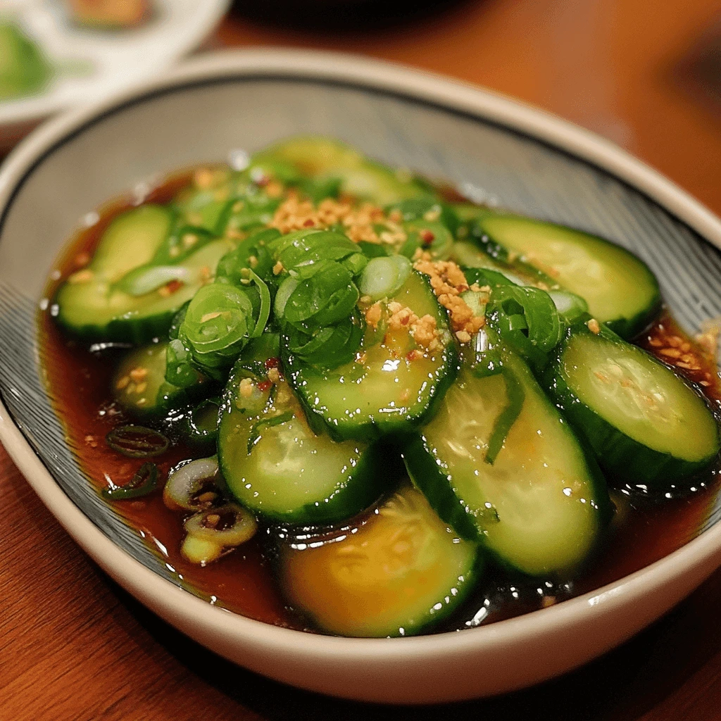A vibrant image of a freshly made Din Tai Fung cucumber salad, featuring crisp cucumbers, garnished with green onions and sesame seeds, placed in a white serving bowl.