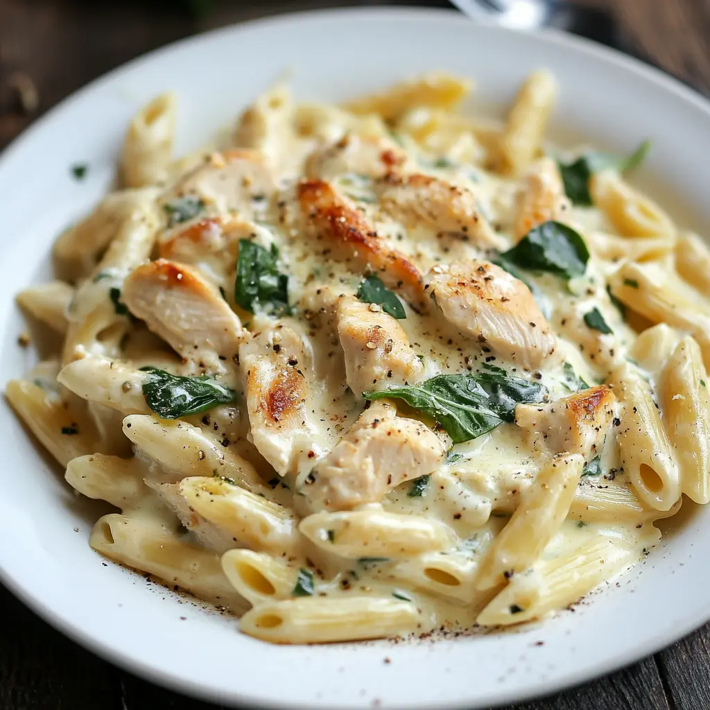 An elevated plate of Chicken Alfredo Pasta featuring fresh parsley, grated Parmesan cheese, and homemade Alfredo sauce.