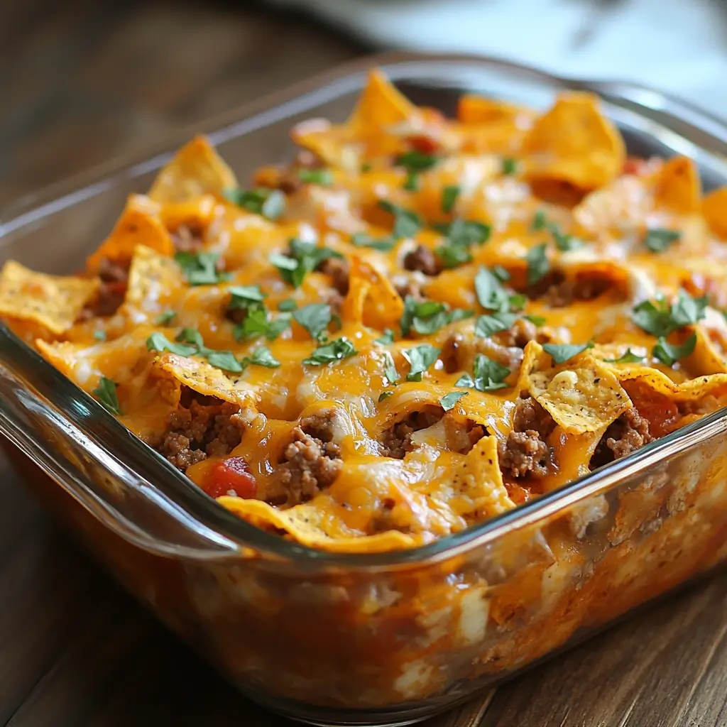 A decadent Doritos casserole with ground beef, jalapeños, and shredded cheese, perfect for parties or game day.