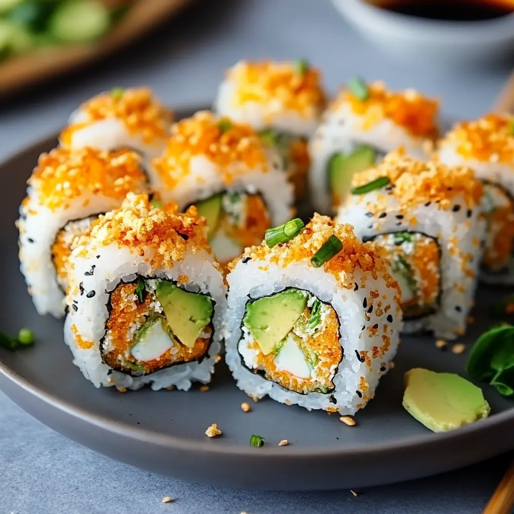 An elevated California crunch roll sushi adorned with tobiko caviar, toasted sesame seeds, and fresh wasabi aioli.
