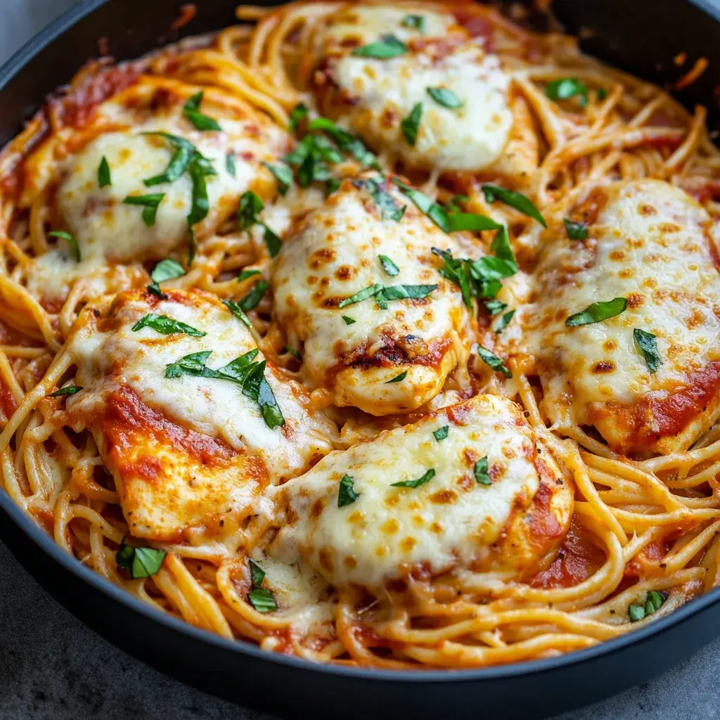 A hearty bowl of Chicken Parmesan Pasta with tender chicken, marinara sauce, and melted mozzarella cheese.