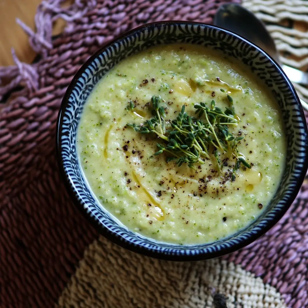 An elevated version of Broccoli Cheddar Soup garnished with fresh thyme, smoked paprika, and grated Parmesan.