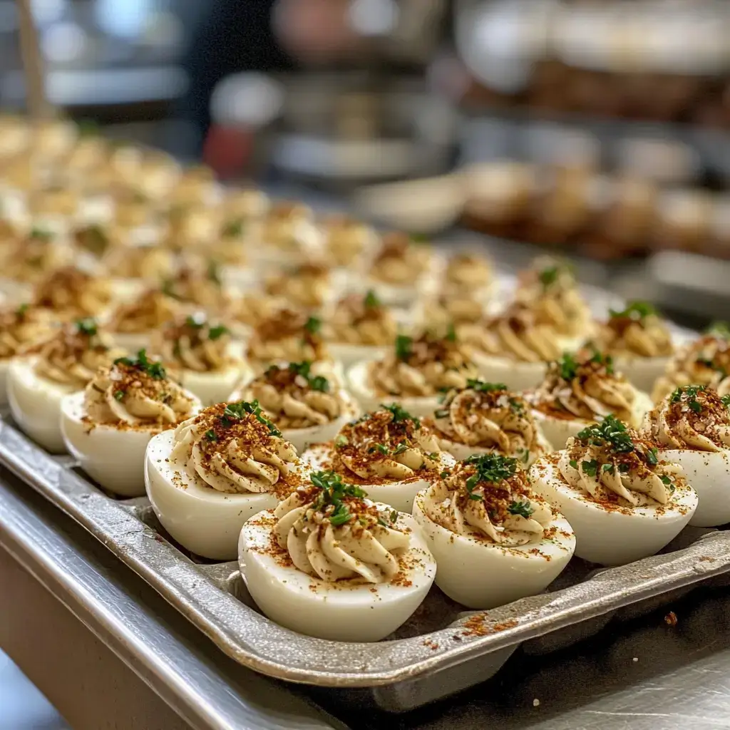 A tray of smoked deviled eggs served at a backyard BBQ, surrounded by lemon wedges and fresh herbs.