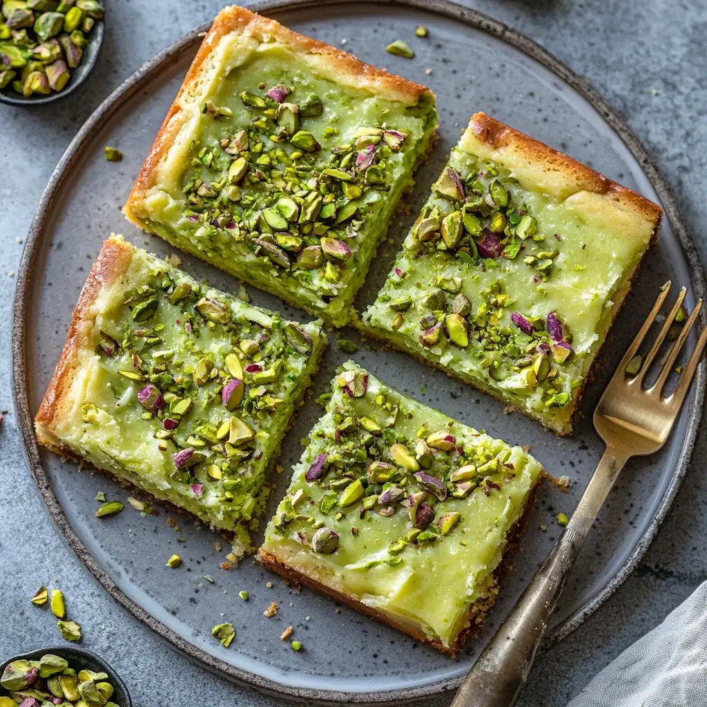 A homemade pistachio gooey butter cake fresh out of the oven, ready to be enjoyed on a lazy weekend afternoon.
