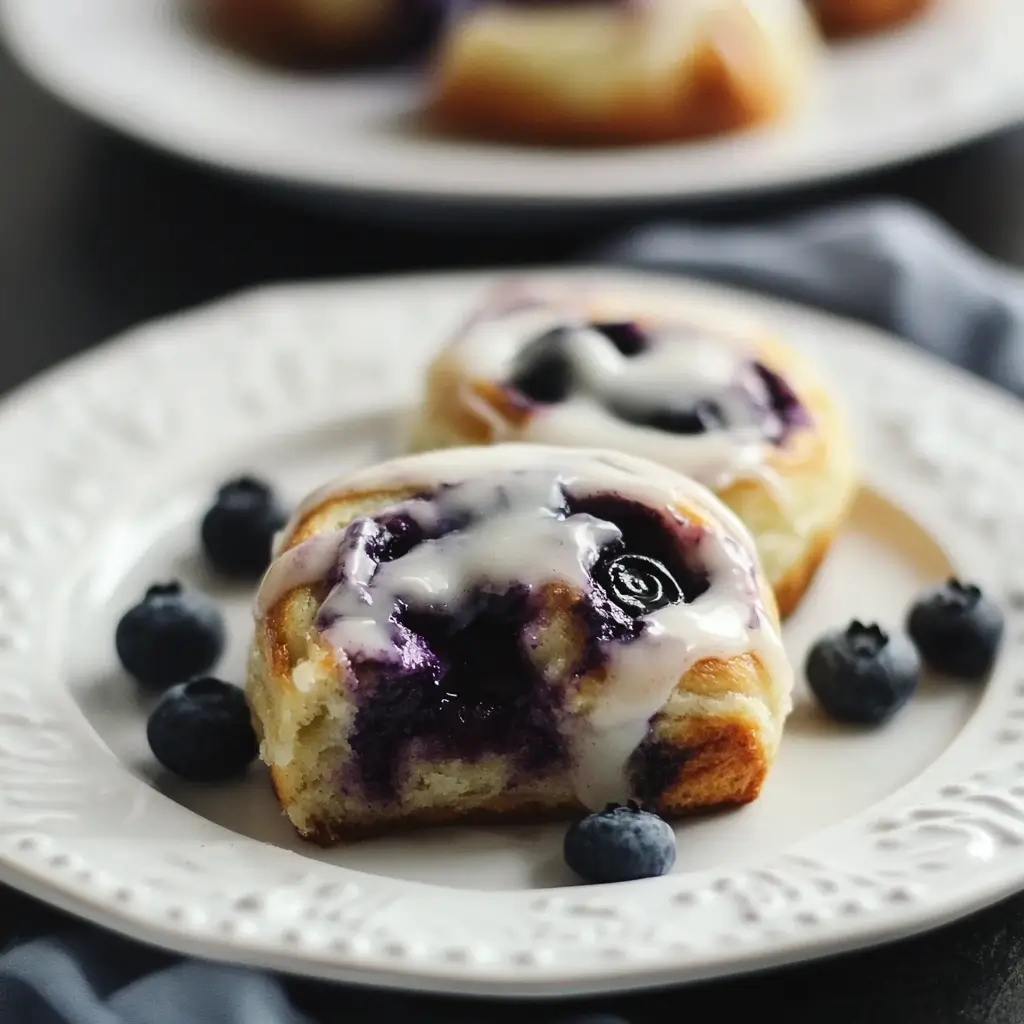 Artfully arranged blueberry cinnamon rolls with a golden crust and a generous swirl of cinnamon filling.