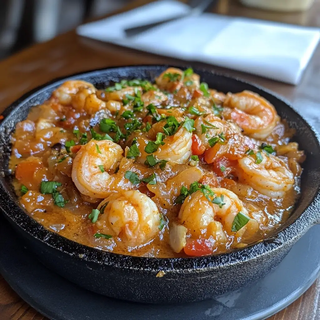 A hearty bowl of shrimp étouffée served over creamy pappardelle pasta, garnished with fresh parsley.