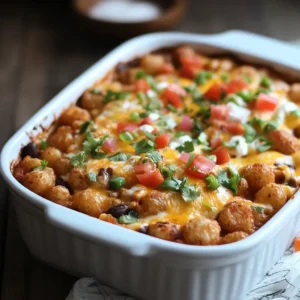 A golden-brown Mexican tater tot casserole topped with shredded cheese, black beans, and diced tomatoes.